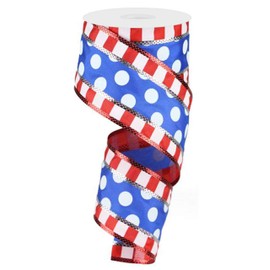 Polka Dots with Stripes Wired Edge Ribbon - 10 Yards (Red, White, Blue, 2.5")