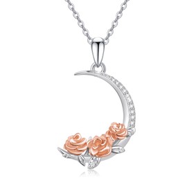 CRWENG Moon Flower Necklaces for Women Sterling Silver Rose Moon Pendant Necklace Crescent Moon Necklace Birth Flower Necklace Moon Jewelry Gifts for Women, standard, Sterling Silver, Cubic Zirconia