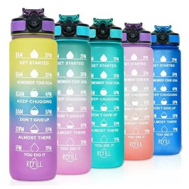 1 Litre Motivational Fitness Sport Water Bottle with Straw & Time Marker, Guaranteed Leak-Proof Design, BPA-Free Plastic Drink Bottle, Designed for Gym, Running, Cycling - Yellow/Purple