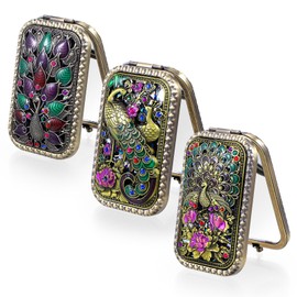 3 Pcs Vintage Foldable Makeup Mirror, Portable Metal Compact Mirror, Pattern Small Vanity Mirror, Double Sided Compact Cosmetic Mirror, Bronze, for Woman Girls Wedding Favor Party Festival Gifts