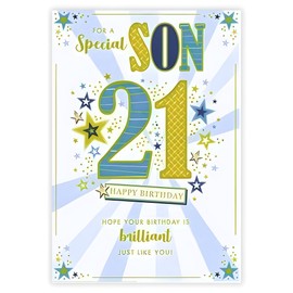 Son 21st Birthday Card - Age 21 - Special Son - Brilliant Birthday Stars Design - Special Finishes and Illustrated Insert Leaf - Made in the UK - Eco-Friendly