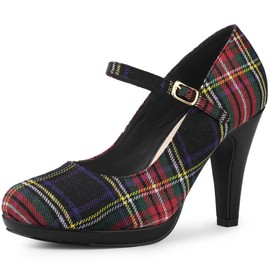 Allegra K Women's Houndstooth Platform Stiletto Heels Mary Janes Red Green Pumps 9.5 M US