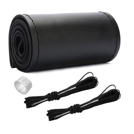 Ziciner Genuine Leather Steering Wheel Cover, Stitch on Wrap, Breathable Anti-Slip Car Steering Wheel Protector for Max Diameter 15 Inch, DIY Sewing with Needles Thread (Black, Glossy)