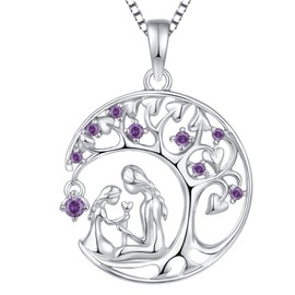 YL Mother and Daughter Necklace 925 Sterling Silver Tree of Life Pendant for Women Mum, Chain 45 + 3 cm, Silver, Amethyst