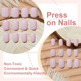 Pink False Nails Short Square - 24Pcs Press on Nails with Glitter Sequins Design - Stick on Nails with Glue - Removable Glossy Full Cover Fake Nail for Women Girls Valentines Days Nail Art