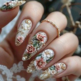 24Pcs Medium Almond Press on Nails Spring Flower Fake Nails with Peony Design Metal Leaf Glue on Nails Gold Glossy Acrylic Nails Reusable Plant False Nails for Women DIY Manicure Decorations