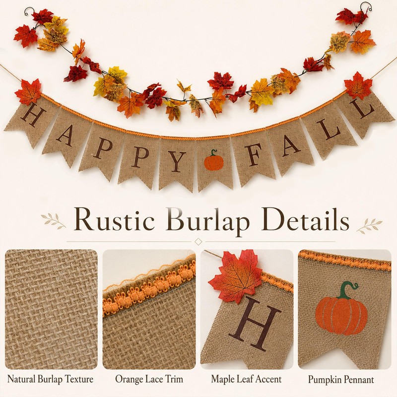 Happy Fall Burlap Banner with Maple Leaf Garland