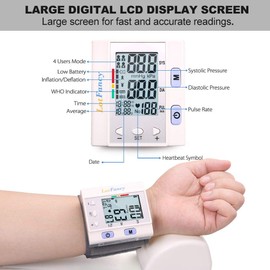 LotFancy Wrist Blood Pressure Monitor for Home Use, BP Cuff, Automatic Digital Blood Pressure Machine, BP Monitor, (5.3”-8.5”), 4 Users, 120 Memory, with Large Screen