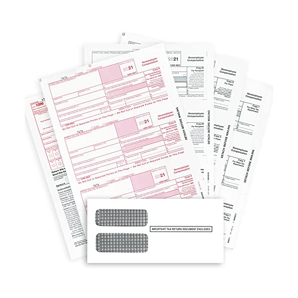 1099-NEC Forms for 2021, 4-Part Tax Forms, Vendor Kit of 50 Laser Forms and 50 Self-Seal Envelopes, Forms Designed for QuickBooks, TFP and Other Accounting Software