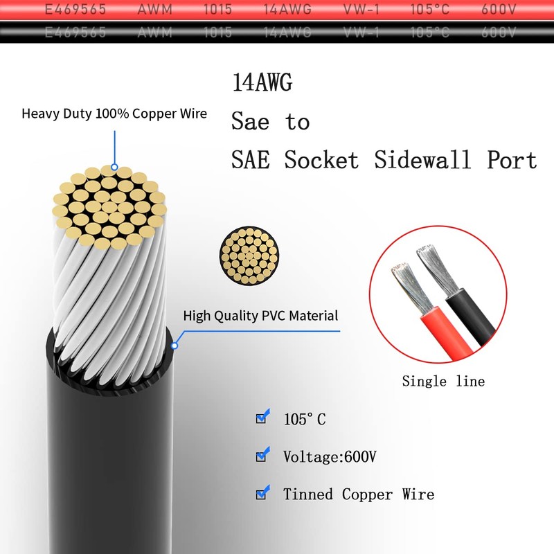 ELFCULB SAE Power Socket to SAE Connector Extension Cable,14AWG 2FT