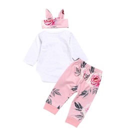 ChYoung Baby Girl Clothes Set Newborn Outfit Little Sister Romper Top and Rose Printed Pant and Headband 3 Pieces (Pink, 6-12 Months)