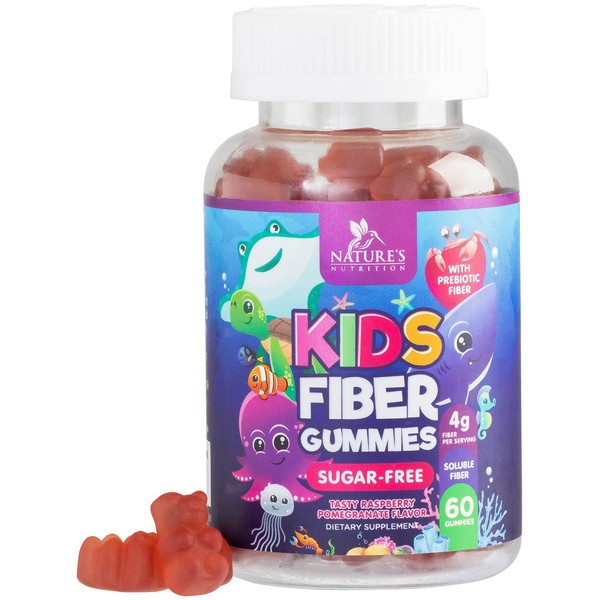 Kids Fiber Gummy Bears - Sugar Free & Plant Based Daily Prebiotic - Kids 4g Natural Fiber Gummies - Supports Digestive Health & Regularity - Nature's Vegan, Berry Flavored Supplement - 60 Gummies