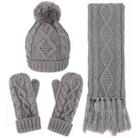 Verabella Women's Winter Warm Cable Knit 3 Piece Fleece Hat, Glove & Scarf Set,Grey