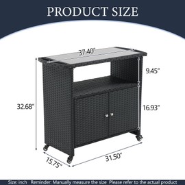 Outdoor Wicker Bar Table with Tempered Glass Top,Rolling Bar Cart with Storage Shelf,Lockable Wheels All-Weather Patio, Poolside, and Garden Furniture,Black