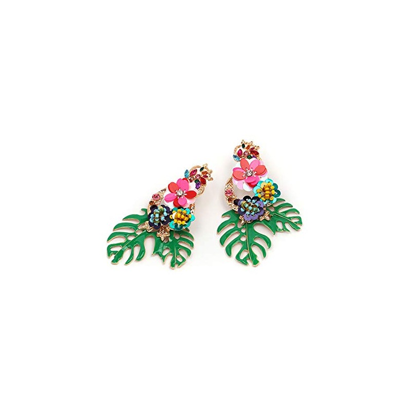 Green Enamel Leaf with Colourful Flowers Statement Earrings
