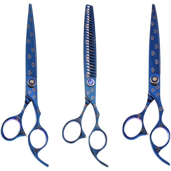 ShearsDirect 3-Piece Straight and Curved Plus Blue Titanium with Paw Prints