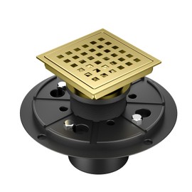 EXF Square Shower Drain 4-3/8 Inch Brushed Gold, Stainless Steel Shower Floor Drain Kit with ABS Flange, Removable Cover Grid Grate, Hair Strainer