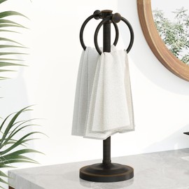 Hoimpro 17 Inch Oil Rubbed Bronze Stainless Steel Free Standing Towel Rack Bar, Double Stand Towel Ring Hand Towel Holder Hanger, Towel Hardware for Bathroom Vanity Kitchen Countertops