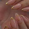 Uñas Postizas Francesas Doradas, Almendradas Medianas, Con Diseños 3D, Brillantes,
