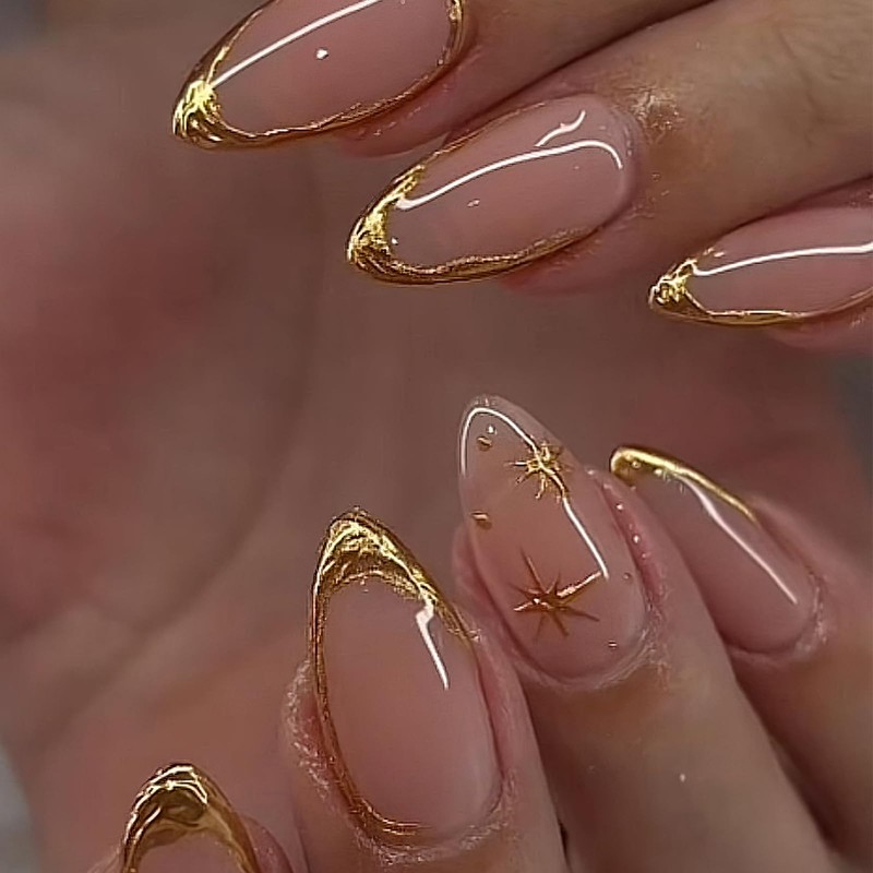 Uñas Postizas Francesas Doradas, Almendradas Medianas, Con Diseños 3D, Brillantes,