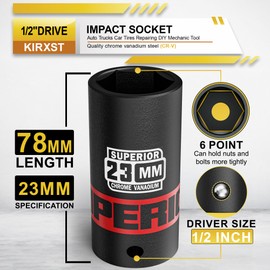 KIRXST 1/2" Drive 23mm Deep Impact Socket, 6 Point CR-V Deep Socket, 78mm Length, Auto Trucks Car Tires Repairing DIY Mechanic Tool