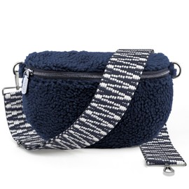 ARTVALL - Shoulder Bag Teddy Fabric Bag Handbag Plush Bag Bum Bag Teddy Fur Plush with Shoulder Strap Design Bag Strap Removable Adjustable Strap Crossbody Bag Women with Zip, Navy (lines blue |