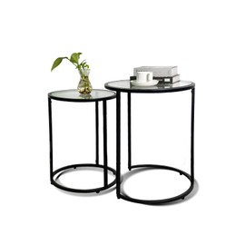inoseen Round Glass Coffee Table Set 2 Black Nesting Table Modern Side Table Black Coffee Tables for Living Room 19.6in and 15.7in