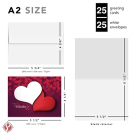 Happy Valentine’s Day Greeting Cards, Beautiful and Romantic Valentines Love Red Hearts Greetings for Husband, Wife, Boyfriend, Girlfriend | 4.25 x 5.5" | 25 per Pack