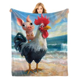 PINKBAY Pig and Chicken Flannel Throw Blanket, 50×60in - 340GSM Cozy Lightweight Thick Abstract Animals Blanket - Birthday for Women, Men and Kids Bedroom Living Room Couch Sofa Decor