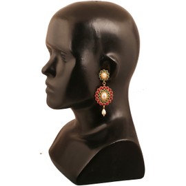 Touchstone "Hollywood Glamour Oscar Collection " Indian Faux Pearls Bright Red Faux Ruby And Green Faux Emerald Rhinestones Dazzling Bridal Jewelry Chandelier Earrings For Women In Gold Tone.