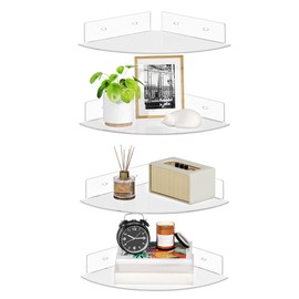 upsimples 4 Pack Acrylic Corner Floating Shelves, 12 in Clear Hanging Shelves with Cable Management Design, Wall Mounted Corner Storage Organizer for Bathroom, Bedroom, Living Room, Kitchen