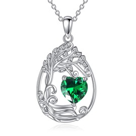 Tree of Life Birthstone Necklace for Women Sterling Silver Tree Jewellery Emerald May Pendant Green Gemstone Anniversary Birthday Christmas Gifts for Wife Mom Her (05-May-Emerald)