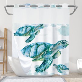 Final Friday Ocean Sea Turtle Theme No Hook Waffle Weave Kids Shower Curtain with Snap in Liner Nautical Tropical Blue Bathroom Decor Set 72 W x 74 H Inch Teal
