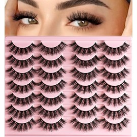 QUNETY Lashes False Eyelashes Wispy Fake Mink Lash Strips Fluffy Natural Strip Eyelash 9-16mm Full Volume Lashes Natural Look 14 Pairs Wispies Medium Spiky Manga Pestañas for Women