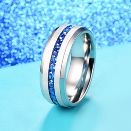 King Will 8mm Silver Titanium Wedding Ring for Men Blue Cubic Zirconia CZ Inlay Matte Finish Engagement Band