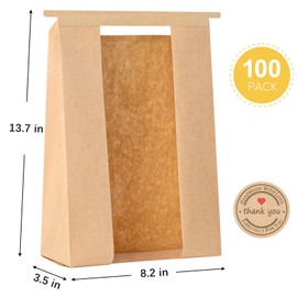 100 PCS Tin Tie Tab Lock Large Paper Bread Bags for Homemade bread Sourdough, Loaf, Bagels, Bakery Bags with Window and Thank You Stickers (13.7x8.2x3.5 Inch)