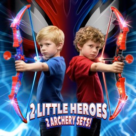 Fzlirou Toys for Boys Age 3-12, 2 Pcs BowArrow Shooting Set with Red & Blue LED Lights, Standing Target & 2 Quiver, Indoor & Outdoor Kid Toys Gifts for 3 4 5 6 7 8 9 10 11 12 Year Old Boys Girls
