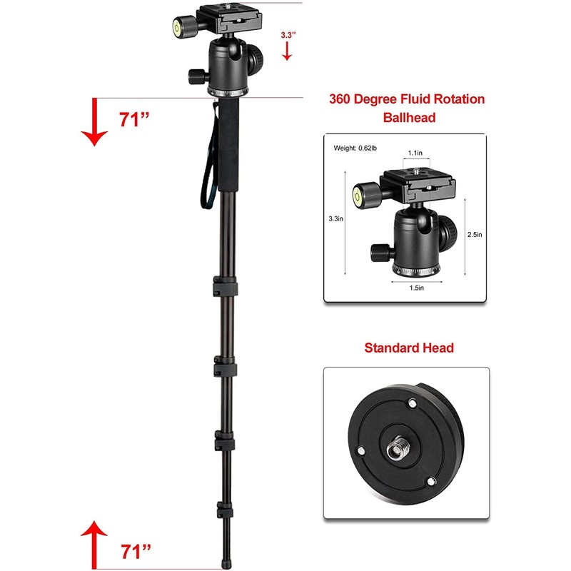 Professional Heavy Duty 72" Monopod/Unipod (Dual Optional Head) for Olympus