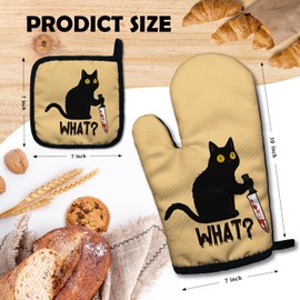 ZHANTUONE What Funny Heat Resistant Oven Mitts and Pot Holders Set with Silicone Non-Slip, Humor Cat Sarcastic Saying Cooking Baking Gadgets, Gifts for Cat Lover Mom Wife Sister BFF Colleague