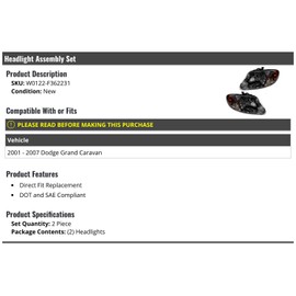 Headlight Assembly Set of 2 - Compatible with 2001-2007 Dodge Grand Caravan