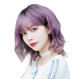 TefuRe H-6132-BkPp Medium Long Bangs Wig, Women's Loose Wave, Rhombus Silhouette, Neo Wolf, Black/Purple