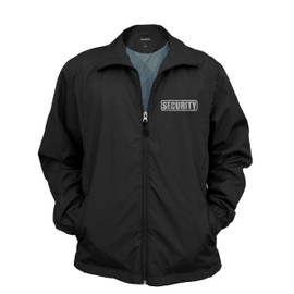 Security Zipped up Windbreaker in Black with Silver/Reflective Decorations Front and Back