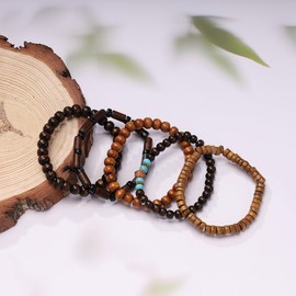 Eigso Women Wooden Beaded Bracelets Western Style Brown Wood Bracelet Set for Woman Turquoise Wristlet