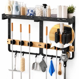 Flysoon Broom Holder Wall Mount With Built-In Guardrail Shelf, Cleaning Supplies Organizer With 5 Mop Grippers, 6 Hooks And Vacuum Holder For Laundry Room Garage Pantry Kitchen