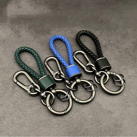 Rockyu Keychain, Men's, Women's, Genuine Leather, Braided Leather Key Ring, For Cars, Key Chain, Stainless Steel, Includes Ring, Stylish, Present, Black