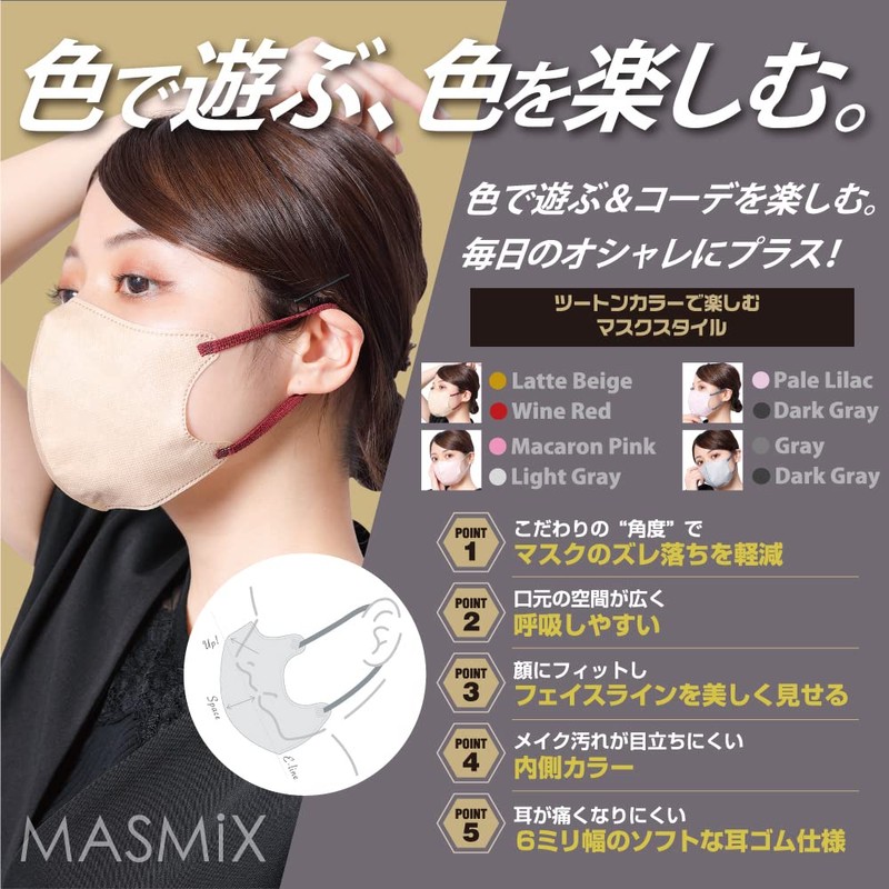 MASMIX ツートーンカラーマスク 立体タイプ 30枚入 ラテベージュ×ワインレッド
