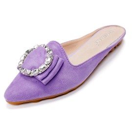 Women's Suede Leather Mules Mules for Woman Rhinestone Flats Comfortable Slip on Women Mule Shoe Purple Size 10.5