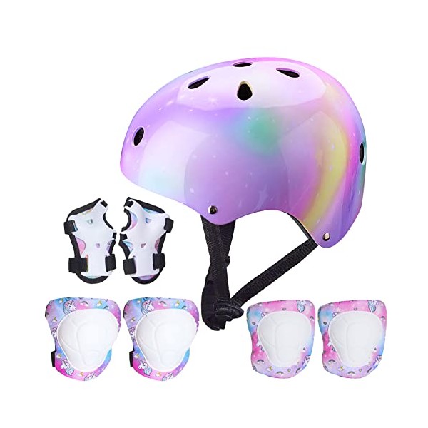 FIODAY Kids Helmet Knee Pads for Kids Unicorn Knee and Elbow Pads Wrist Guards Adjustable Protective Gear Set for Girls Boys Sports Skateboard Inline Skating Bike Cycling Scooter, Colorful, 3-8 Years