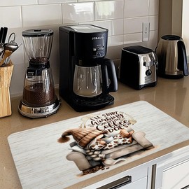 GOOZHO Espresso Lovers Gifts Dish Drying Mat, Funny Cute Gnome Girl Coffee Bar Mat for Countertops, Espresso Absorbent Dish Drying Mats for Kitchen Counter Coffee Maker, 16x24 Inch