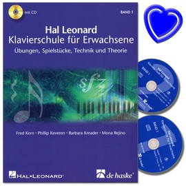 Hal Leonard Piano School for Adults Volume 1 with 2 CDs by Fred Kern - Exercises, Play Pieces, Technique and Theory - with Colourful Heart-Shaped Music Clip